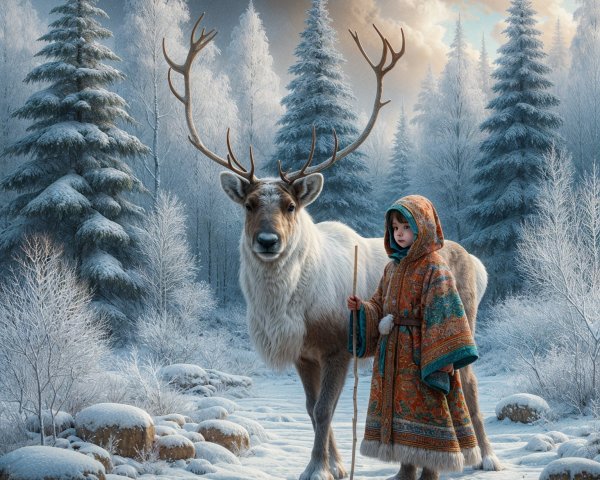 Winter Landscape with Child and Reindeer in Snow