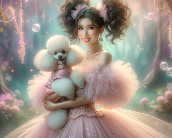 Whimsical Forest Scene with Young Woman and Poodle