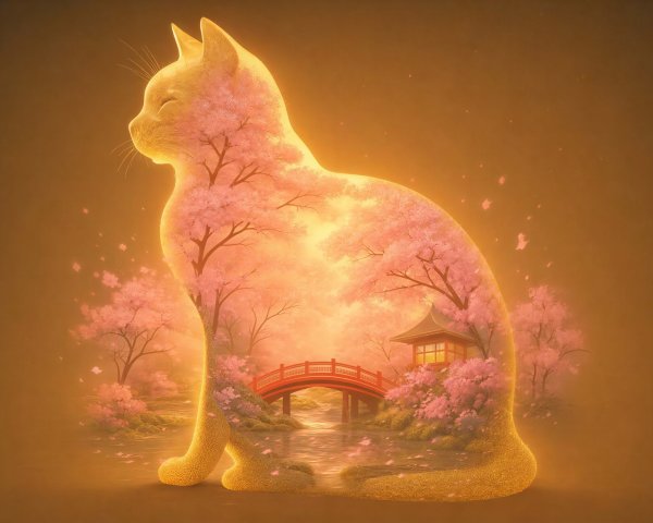 Golden Cat Silhouette with Japanese Garden Scene