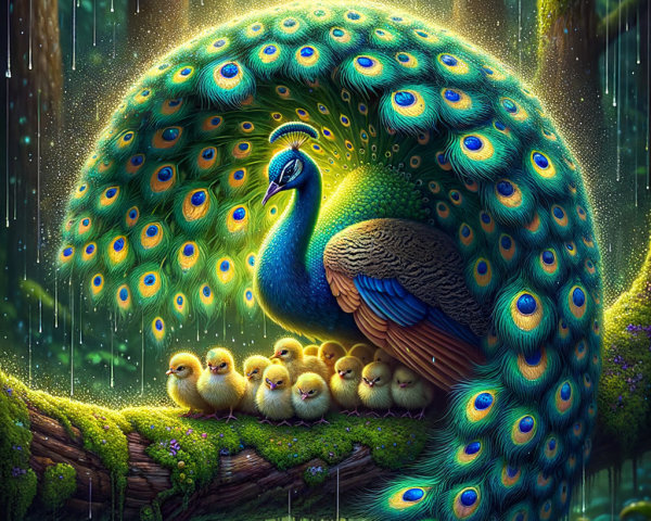 Majestic Peacock with Chicks in Lush Forest Setting