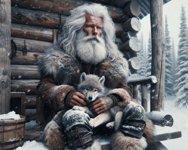 Elderly man with wolf cub in snowy forest setting