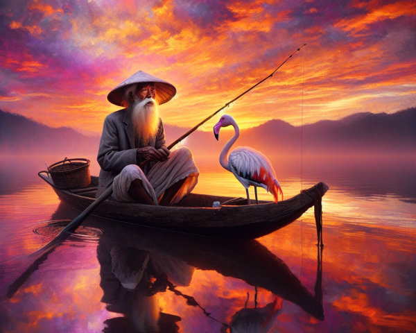 Old Man Fishing with Flamingo at Sunset on Calm Water