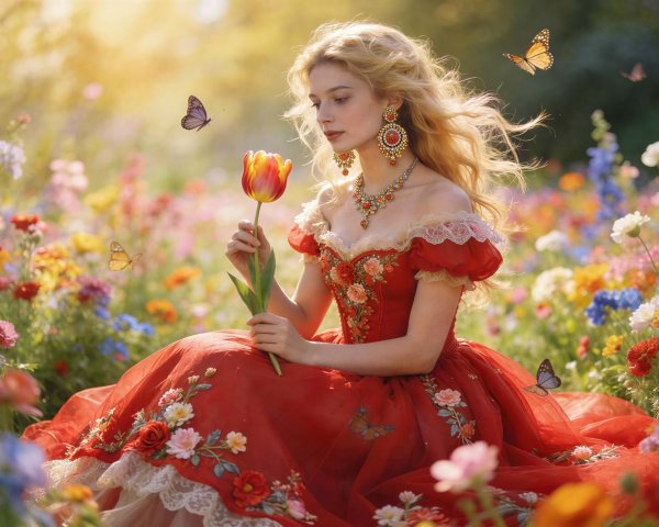 Fair-skinned woman in red gown among wildflowers