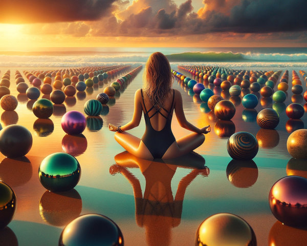 Serene beach sunset with meditative figure and spheres