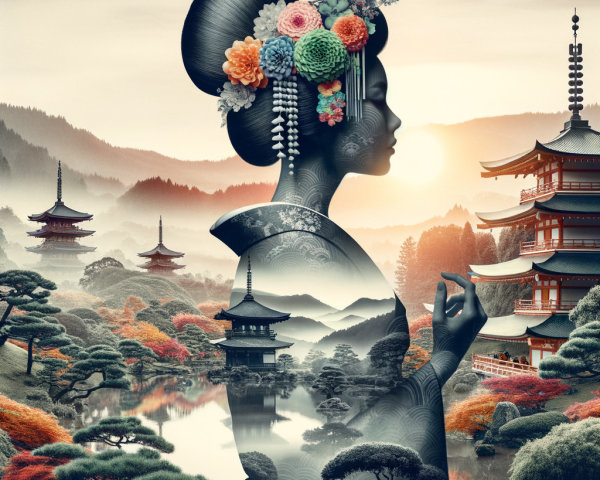 Silhouette of Woman in Traditional Attire Against Landscape