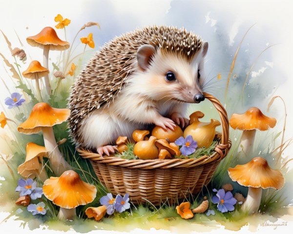 Hedgehog in Basket Surrounded by Colorful Mushrooms