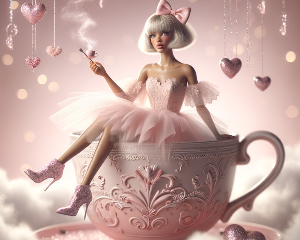 Doll-like Figure in Pastel Teacup with Floating Hearts