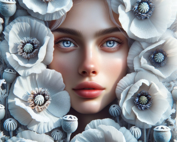 Close-up of Woman Surrounded by White Poppy Flowers