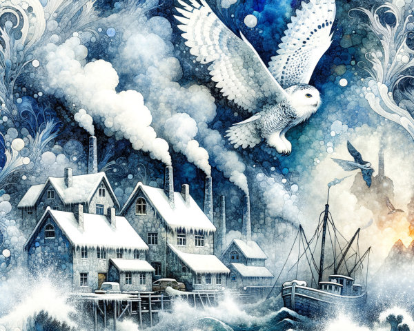 Winter Scene with Snowy Houses and Turbulent Sea