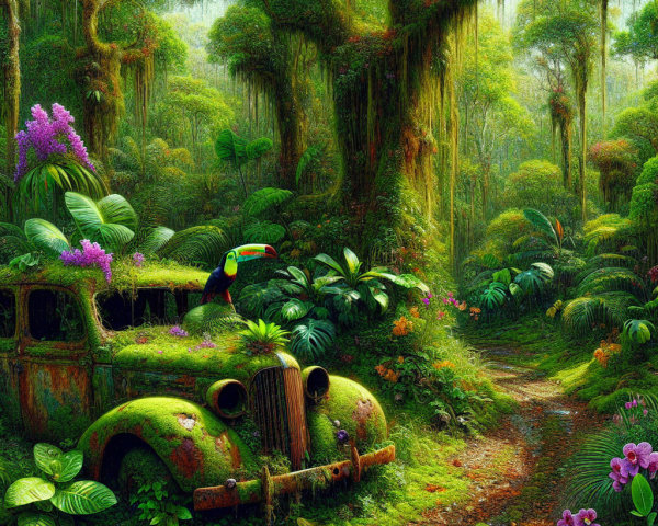 Vibrant Jungle Scene with Vintage Car and Toucan