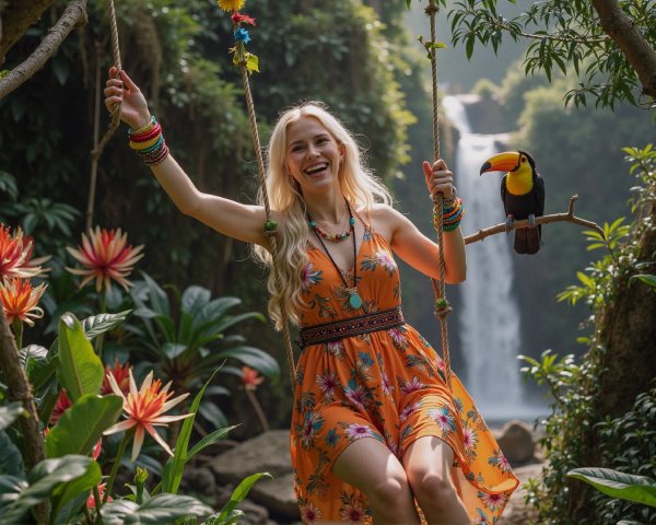 Young woman swinging with toucan by a waterfall