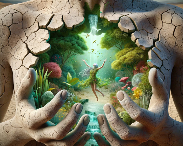 Barren Figure Holding a Vibrant Natural Scene