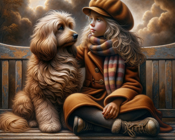 Young girl in orange coat with golden dog in park