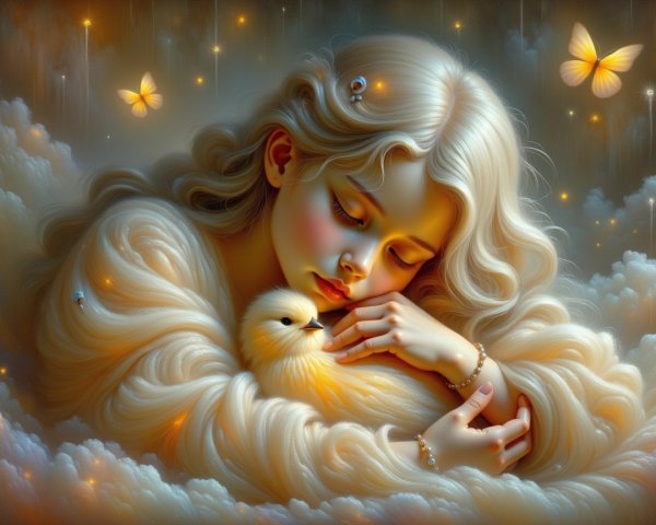 Serene Scene of Girl with Chick Among Soft Clouds