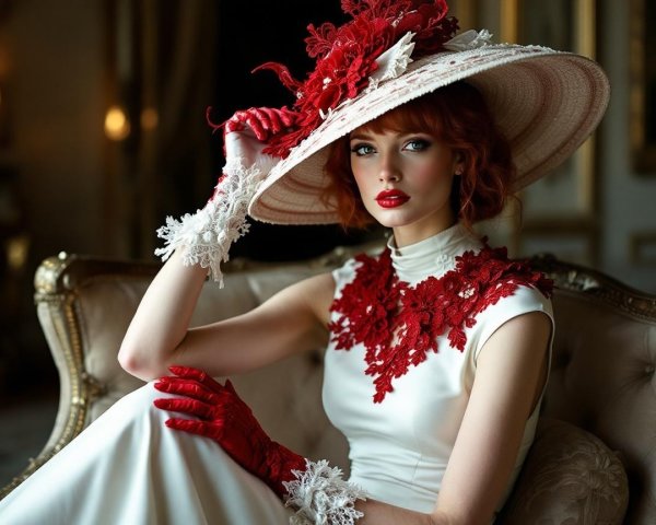 Glamorous Woman in Vintage Sofa with Elegant Attire