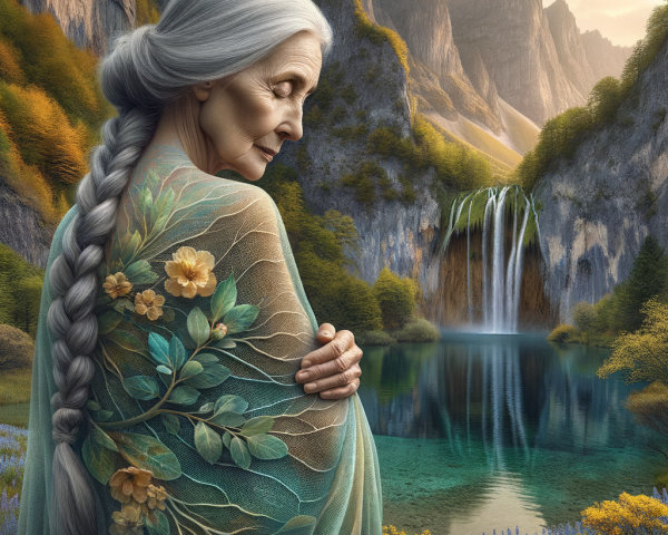 Elderly Woman in Serene Natural Landscape with Waterfall