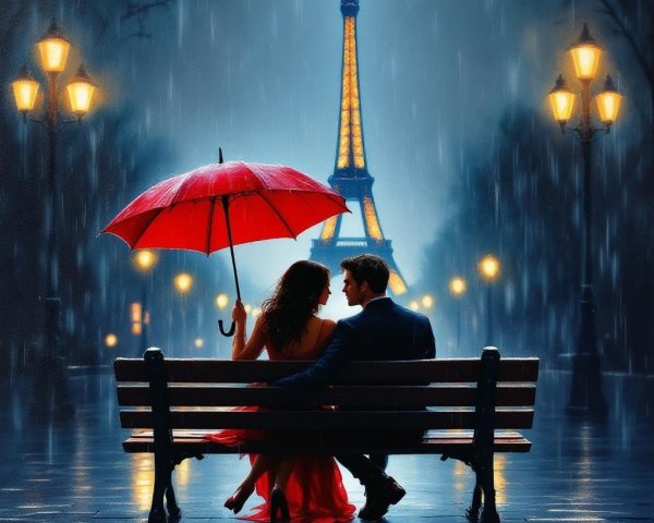 Couple on Park Bench Under Red Umbrella in Paris