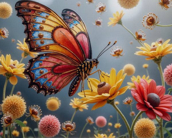 Colorful Butterfly Over Bright Flowers in Garden Scene