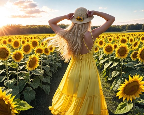 Woman in Yellow Dress in Sunflower Field at Sunset