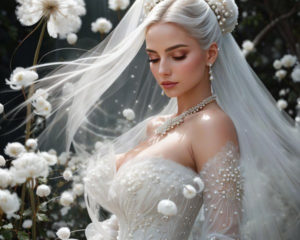 Elegant Bride in White Gown Surrounded by Flowers