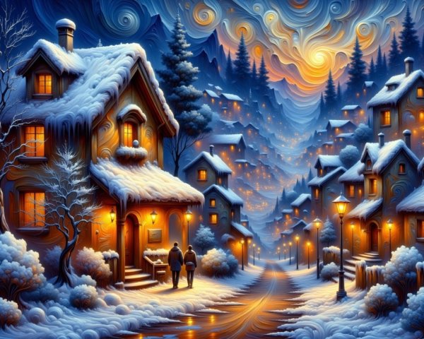 Winter Village Scene with Snow-Covered Cottages