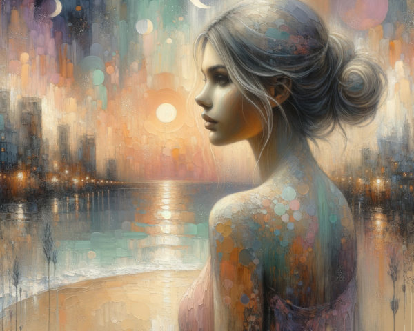 Young Woman Overlooking Sunset Waterway and Cityscape