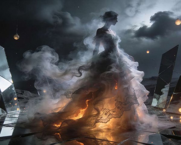 Ghostly Woman in Ethereal Gown Amid Dark Landscape