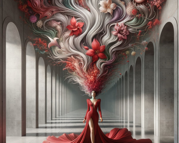 Figure in Red Gown Amidst Floral Cavern Archway
