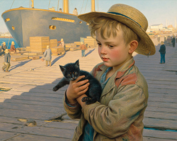 Young boy with kitten on dock by bustling harbor