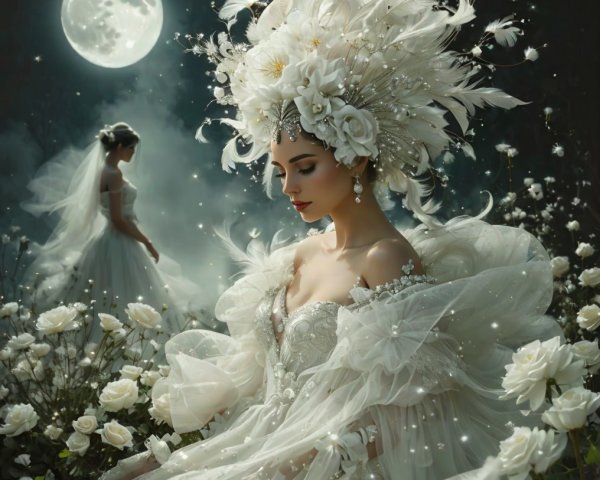 Mystical Scene with Woman in Ethereal Gown and Moon