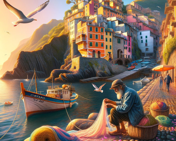 Coastal Scene with Fisherman and Colorful Houses