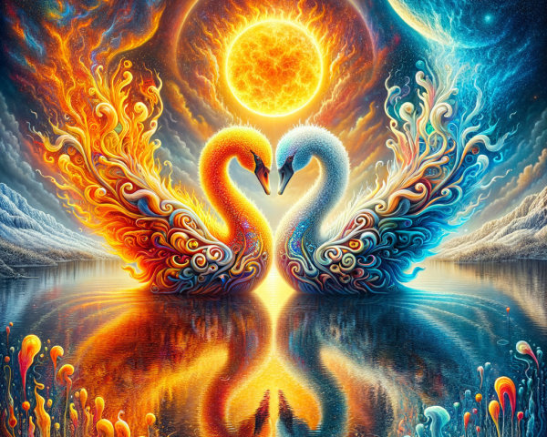 Swans in Fiery and Icy Colors by a Serene Lake