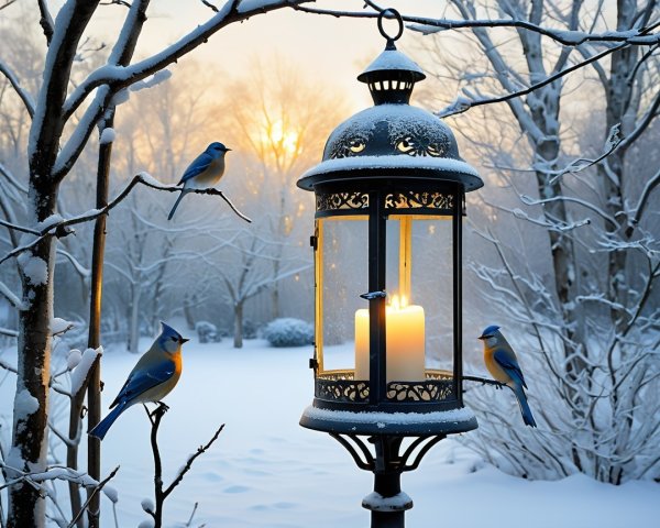 Frost-Kissed Lantern in a Winter Landscape with Birds