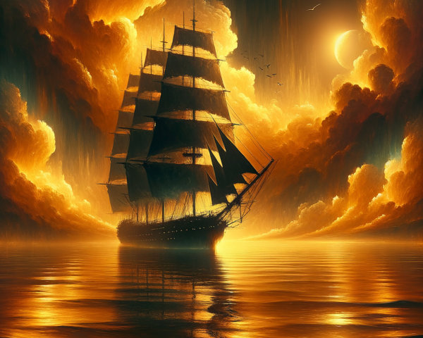 Majestic sailing ship at sunset on calm waters