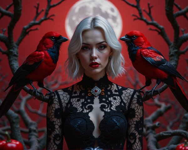 Woman in Black Lace Amidst Red Birds and Full Moon