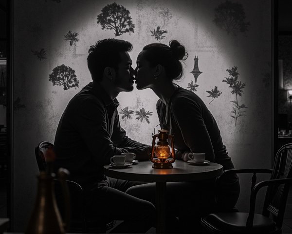 Couple Kissing in Dimly Lit Café with Floral Decor