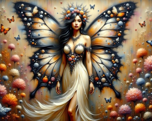 Mystical Figure with Butterfly Wings in Floral Setting