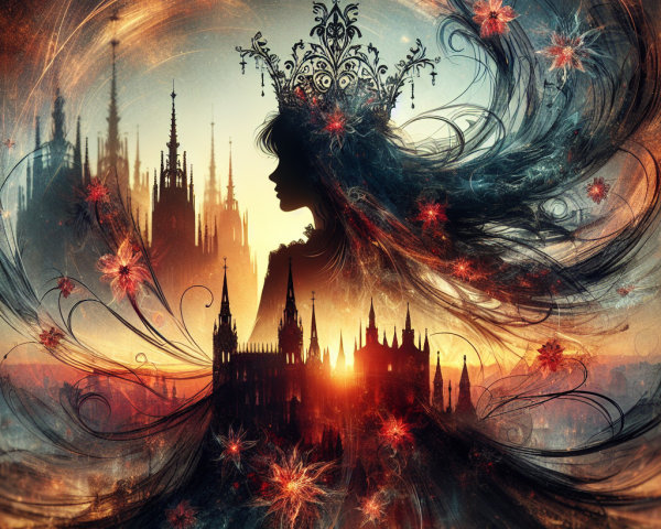 Silhouette of a Woman in a Fantastical Skyline