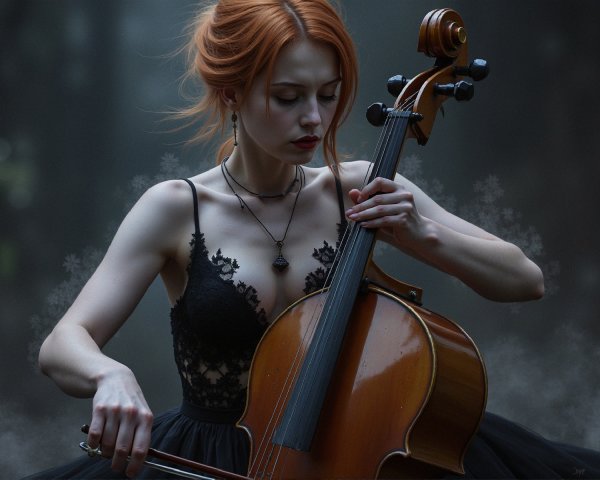 Young Woman with Red Hair Playing Cello in Forest