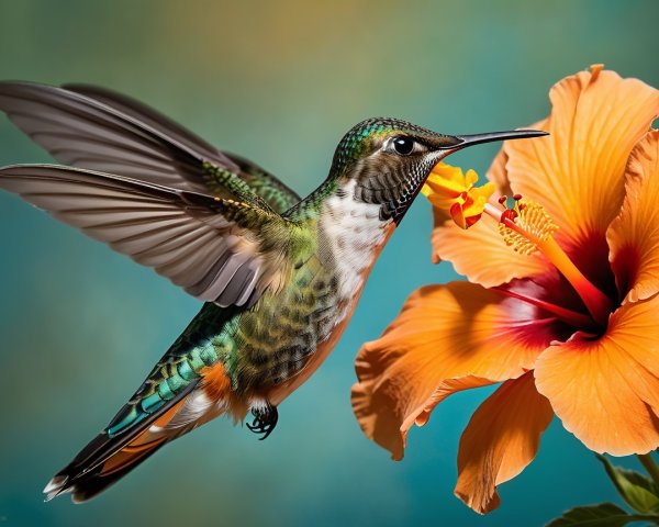 Colorful Hummingbird Near Vibrant Orange Hibiscus Flower