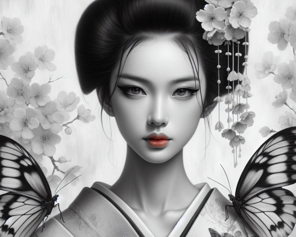 Black-and-white portrait of a serene woman in attire