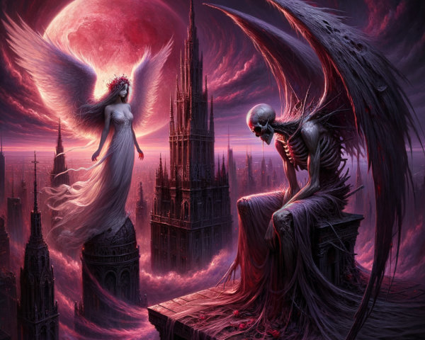 Celestial Angel Over Gothic Cityscape with Dark Themes