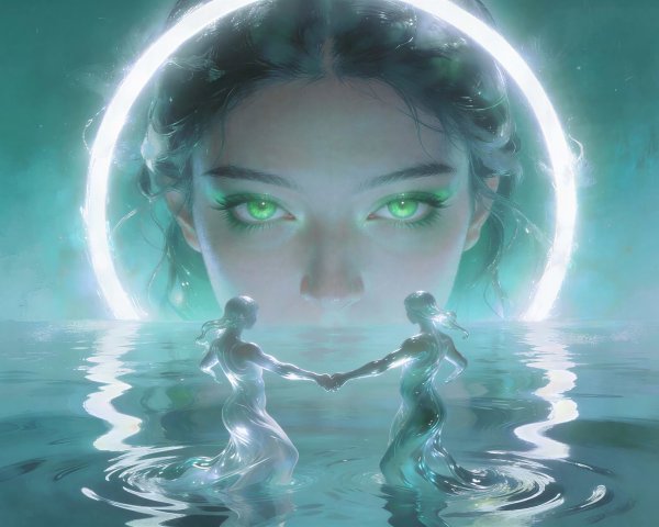 Teal Fantasy Artwork Featuring Colossal Woman's Face