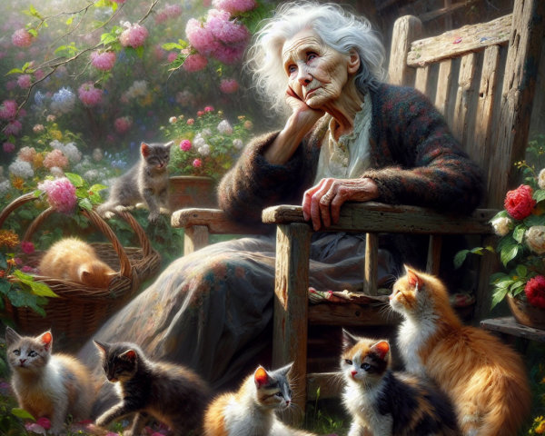 Elderly Woman in Garden with Kittens and Flowers