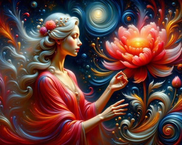 Ethereal Woman with Silver Hair and Cosmic Background