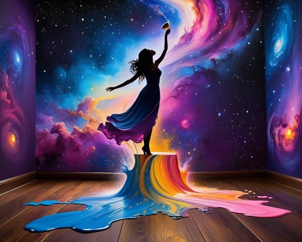 Cosmic-Themed Room with Artistic Silhouette and Colors