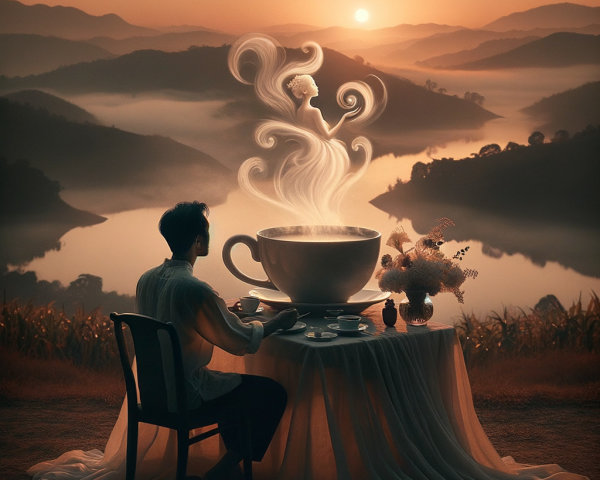 Sunrise Scene with Tea and Misty Mountains