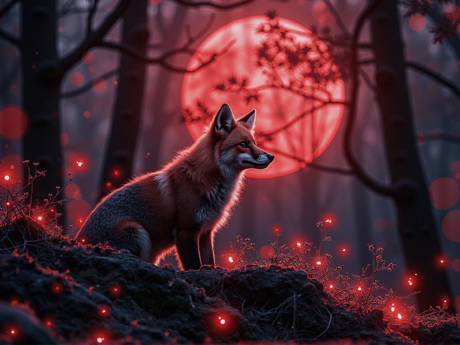 Twilight Forest Scene with Red Fox and Glowing Moon