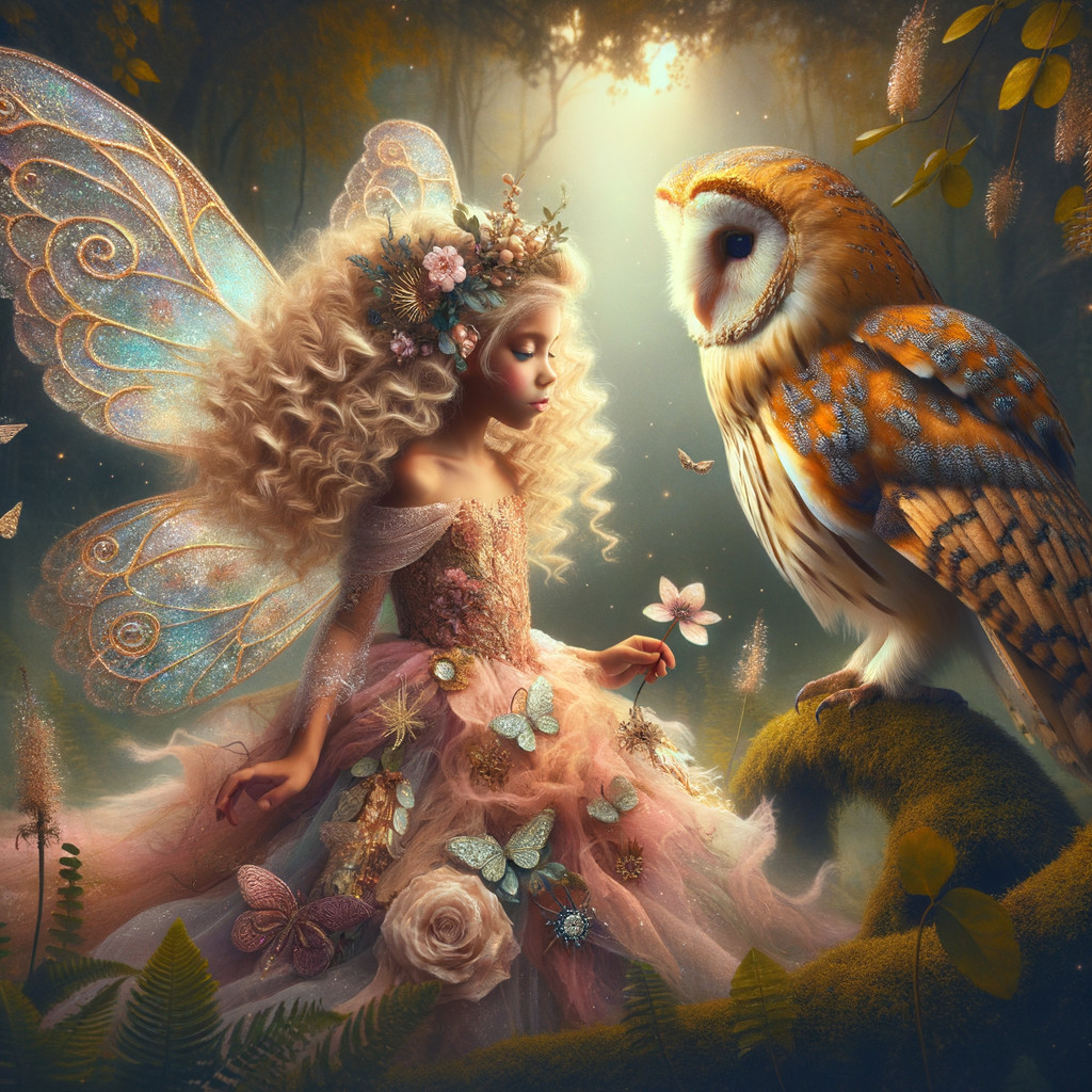 Whimsical Fairy and Owl in a Magical Forest Setting