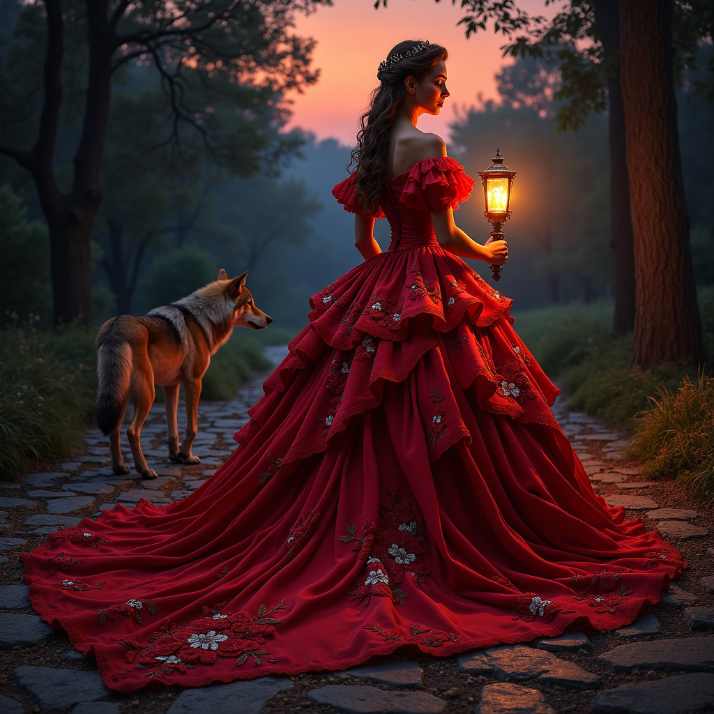 Woman in Red Gown with Lantern on Stone Path at Dusk
